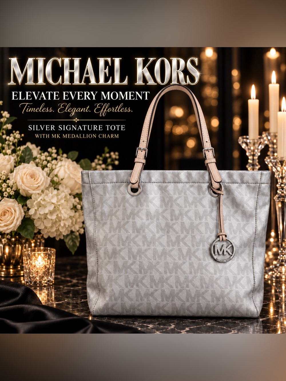 Michael Kors Silver Metallic Signature Logo Large Tote Bag 15”x 14.5”x 4”
